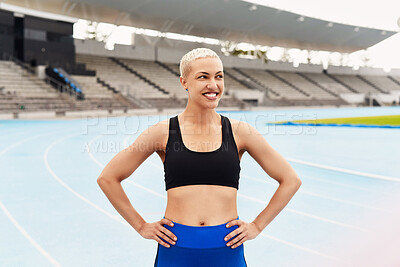 Buy stock photo Sports, confidence and woman runner in stadium ready for training, exercise and workout. Fitness, health and female athlete on track field preparing for running, marathon and race or competition