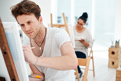 Buy stock photo Man, artist and sketch for creativity in art studio as talent, hobby and activity for learning. Workshop, painting and drawing for artwork with idea, craft and visual for passion or skill development