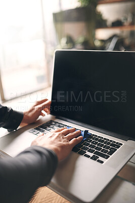 Buy stock photo Hands, cloth and cleaning laptop in home for keyboard dirt, germ removal and dust bacteria for wellness. Hygiene, person and disinfect device for responsibility and remote work safety with space