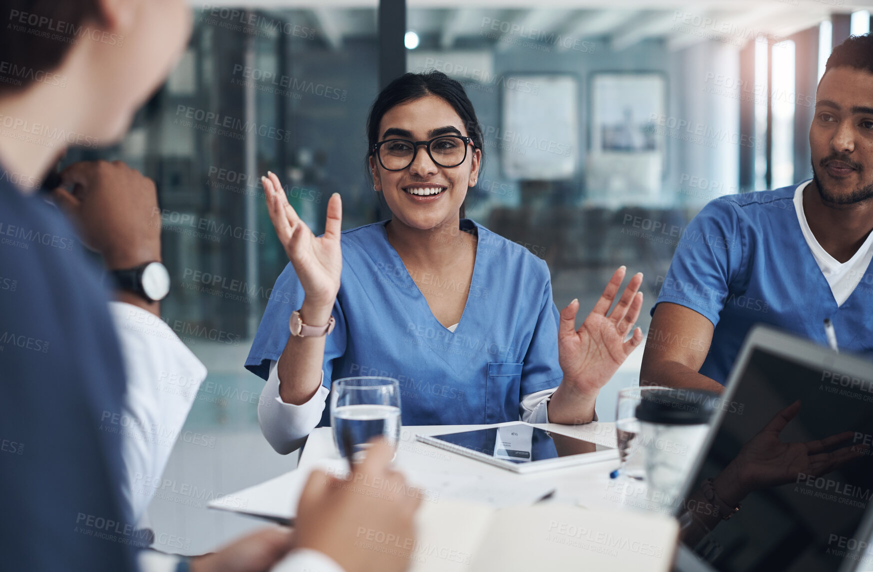Buy stock photo Meeting, internship and team of doctors in office for medical treatment, diagnosis or surgery plan in clinic. Discussion, collaboration and surgeon with group of healthcare students learn in hospital