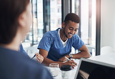 Buy stock photo Group, nurse and doctor in meeting, healthcare and communication with wellness, advice and schedule. Staff, medical and professional with employees, notes and conversation with deadline and planning