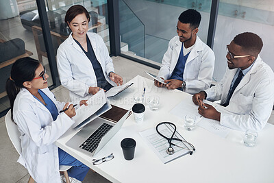 Buy stock photo Meeting, laptop and group of doctors in office for medical treatment, diagnosis or surgery planning in clinic. Discussion, computer and surgeon with team of healthcare interns learning in hospital.