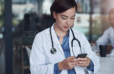 Buy stock photo Video call, smartphone and doctor wave for communication in healthcare, social media or telehealth. Hospital, happy woman and hello with mobile for conversation, networking and connect with tech