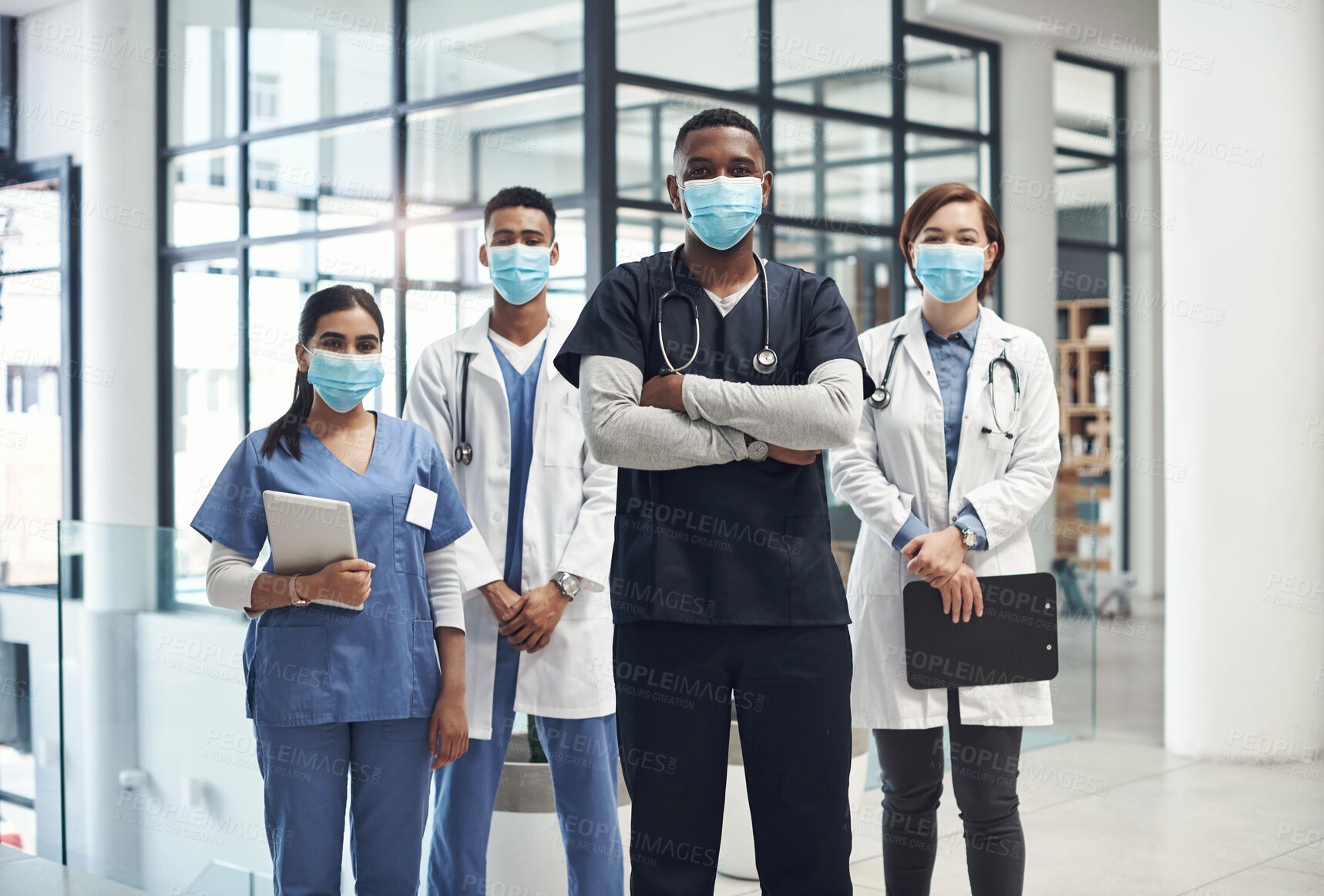 Buy stock photo Portrait, doctors and nurses in hospital as team for collaboration, healthcare and partnership for clinical trial or help. People, diversity and technology for online research or records and work.