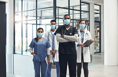 Buy stock photo Doctors, man and arms crossed with mask, team and portrait with diversity for medical career in hospital. Surgeon group, people and women with collaboration, wellness and ppe for healthcare services