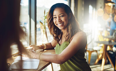 Buy stock photo Woman, tablet and research with coffee shop, technology and online article for news. Journalist, internet and website for web knowledge, cafe and remote freelance work or break for social media