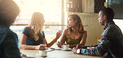 Buy stock photo Sunshine, group and friends in cafe, conversation and coffee with catch up, communication and relaxing. Reunion, man and women with sunlight, cappuccino and latte with discussion, talking or chilling