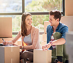 Happy, couple and box with documents in home for mortgage loan, real estate and property agreement. Man, woman and love with smile on floor for new house, investment and signature of paperwork