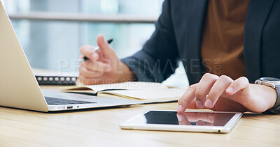 Buy stock photo Tablet, typing and research with hands of employee in office for client portfolio, investment banker and planning. Financial advisor, capitol report and profit with closeup of business person
