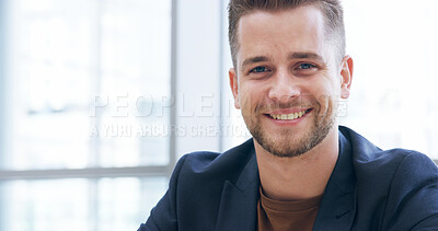Buy stock photo Portrait, smile and man in office, confident and ambitious for career growth in corporate company. Space, account manager and person with pride in business, positive mindset and opportunity in USA
