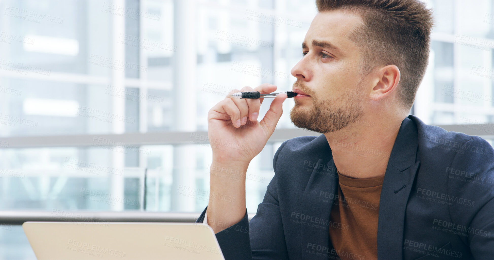 Buy stock photo Thinking, idea and business man with pen in office for planning, problem solving and brainstorming. Professional, corporate and person on laptop for solution, company insights and financial decision