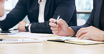 Buy stock photo Teamwork, writing and notebook with hands of business people in office for client portfolio, investment banker and planning. Financial advisor, capitol report and profit with closeup of employees