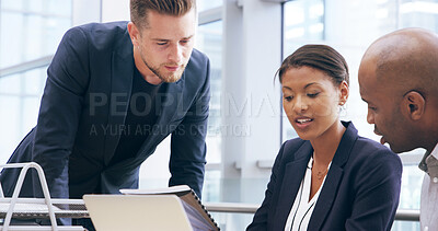 Buy stock photo Document, business people and team in meeting for ideas, brainstorming or problem solving. Collaboration, paper and planning for investment discussion, economy report or financial strategy in office