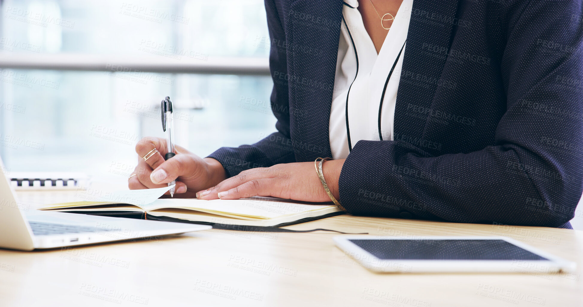 Buy stock photo Writing, typing and research with hands of employee in office for client portfolio, investment banker and planning. Financial advisor, capitol report and notebook with closeup of business person