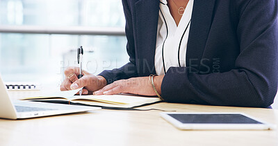 Buy stock photo Notebook, planning and research with hands of employee in office for client portfolio, investment banker and writing. Financial advisor, capitol report and profit with budget of business person