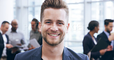 Buy stock photo Portrait, smile and man in meeting, confident and ambitious for career growth in corporate company. Happy, account manager and employee with colleagues in business, people and opportunity in USA