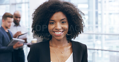 Buy stock photo Business, portrait and woman with smile in office for b2b collaboration, financial meeting and corporate pride. Professional, employee and team with confidence for career planning or company about us