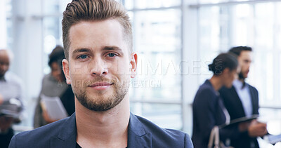 Buy stock photo Portrait, confident and man in meeting, business and ambitious for career growth in corporate company. Proud, account manager and employee with colleagues in office, people and opportunity in USA