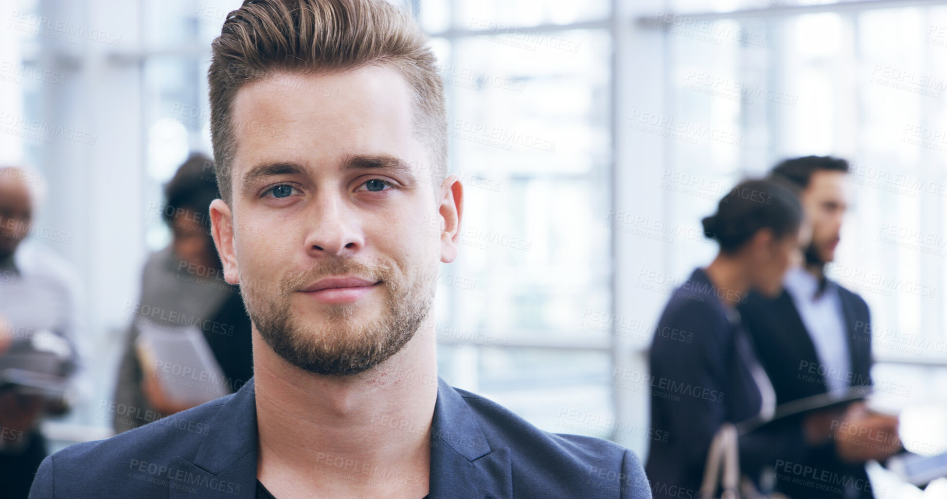 Buy stock photo Portrait, confident and man in meeting, business and ambitious for career growth in corporate company. Proud, account manager and employee with colleagues in office, people and opportunity in USA