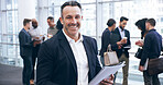 Mature, portrait and businessman with documents at convention for corporate preparation or movement. Executive, happy man or company founder with smile, paperwork or staff for leadership at workplace