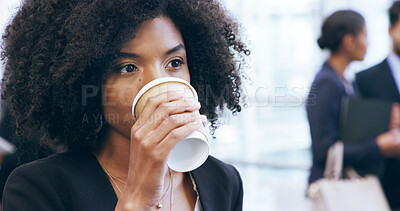 Buy stock photo Coffee, thinking and woman at conference for business seminar, training or workshop. Future, idea and vision with employee drinking caffeine beverage in convention center for upskill development