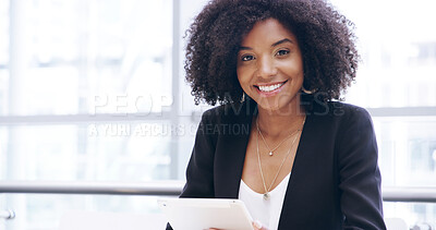 Buy stock photo Portrait, business and woman on tablet in office for finance report, schedule update and information. African, accountant and digital of financial research, risk management and investment negotiation