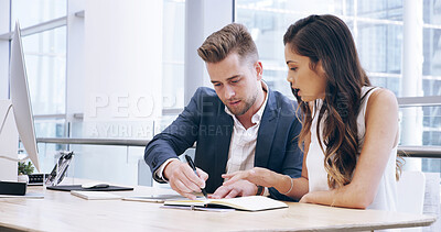 Buy stock photo Writing notes, business people and team planning in office, brainstorming ideas and training. Collaboration, book and discussion for investment, financial strategy and mentor coaching intern for help
