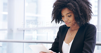 Buy stock photo Business, woman and research on tablet in office for finance report, schedule update and information. African, accountant and digital with financial growth, risk management and investment negotiation