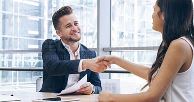 Buy stock photo Business people, meeting or handshake with hiring for partnership, contract agreement or deal at office. Businessman, woman or colleagues shaking hands with smile for onboarding recruit at workplace