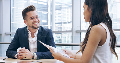 Buy stock photo Business, people and meeting with documents in office for discussion, planning and proposal feedback. Staff, talking and paperwork for finance report, information and advice of investment opportunity