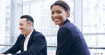 Buy stock photo Business, portrait and smile with woman in office for collaboration, development or planning. Career, proud and satisfied with happy corporate in meeting, seminar or workshop for workplace training