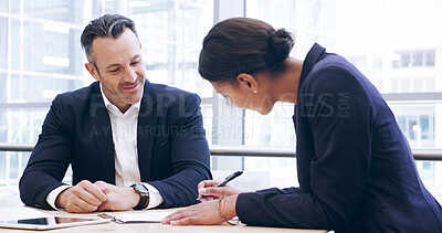 Buy stock photo Business people, writing or negotiation with signature for legal agreement, contract or policy at office. Businessman, woman or colleagues with paperwork for corporate assets, partnership or b2b deal