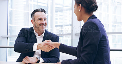 Buy stock photo Happy, business people and meeting with handshake at office for partnership, B2B deal or agreement. Businessman, woman or colleagues shaking hands with smile for onboarding recruitment or job hiring