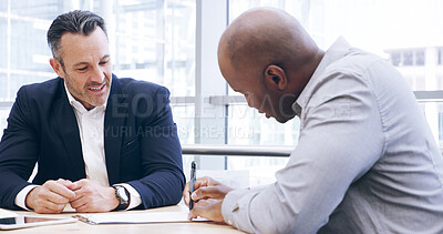 Buy stock photo Businessmen, writing or negotiation with signature for legal agreement, contract or policy at office. Business people, employee or coworker with paperwork for corporate assets, partnership or deal