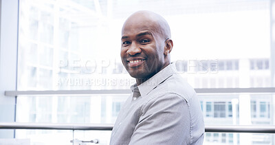 Buy stock photo Smile, portrait and business with black man in office for corporate banker, confidence and pride. Happy, investment specialist and opportunity with person in agency for account manager and advisor