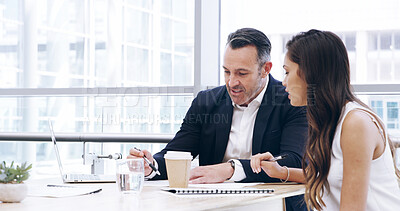 Buy stock photo Business, people or meeting with documents in office for legal consultation, policy agreement or discussion. Attorney, client or paperwork for contract negotiation, professional advice or information