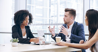 Buy stock photo Corporate, meeting and business people in office with documents for finance review, advice and planning. Discussion, laptop and man and women for financial consulting, credit report and company sales