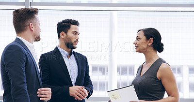Buy stock photo Conversation, documents and business people in office, planning and feedback for project. Employees, coworking or financial consultant with report, review for profit growth or talking for investment