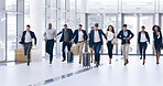 Running, rushing and suitcase with business people in airport for International flight or trip. Delay, late and luggage with corporate employee group in departure terminal for passenger boarding