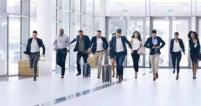 Buy stock photo Running, rushing and suitcase with business people in airport for International flight or trip. Delay, late and luggage with corporate employee group in departure terminal for passenger boarding