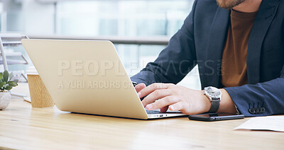 Buy stock photo Laptop, typing and research with hands of employee in office for client portfolio, investment banker and planning. Financial advisor, capital report and profit with closeup of business person