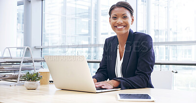 Buy stock photo Portrait, business and woman on laptop in office for finance report, schedule update and information. Accountant, online and research of financial proposal, risk management and investment opportunity