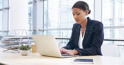 Buy stock photo Business, woman and typing on laptop in office for finance report, schedule update and information. Accountant, online and research with financial proposal, risk management and investment negotiation