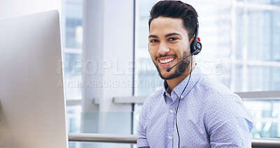 Buy stock photo Portrait, call center or happy man in office for sales, insurance advice or contact us on computer. Telemarketing, agent or consultant with headset for customer service, lead generation or assistance