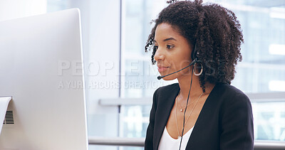 Buy stock photo Computer, call center and woman in office for sales, insurance advice or contact us. African agent, telemarketing and consulting for customer service, support and online help with faq for policy