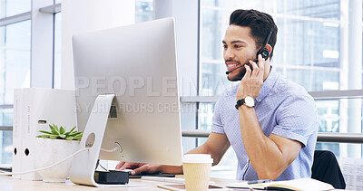 Buy stock photo Computer, call center and happy man in office for telemarketing, insurance advice or contact us. Sales, agent and consulting for customer service, support and help desk with faq for business policy
