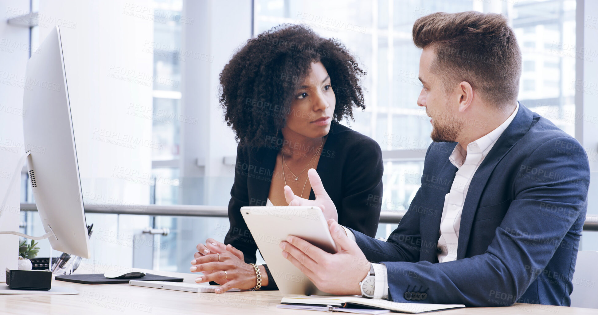 Buy stock photo Tablet, conversation and business people in office for research with company investment, profit or revenue. Meeting, digital technology and team of financial managers planning for finance proposal.