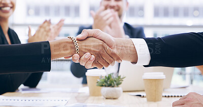 Buy stock photo Closeup, handshake and business people in office, celebration and partnership for company merger. Employees, coworking and team shaking hands, profit growth and sales increase with cooperation