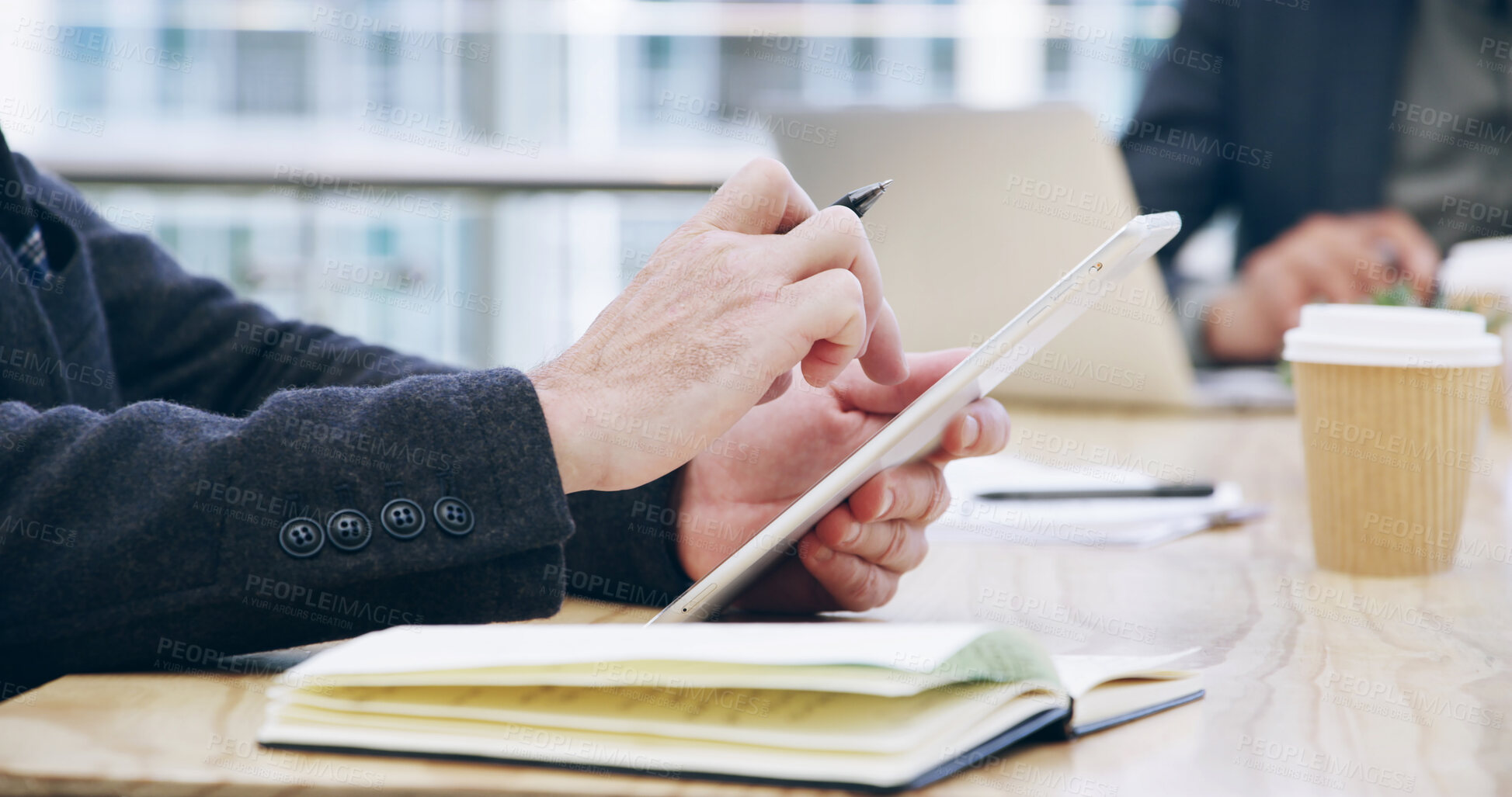 Buy stock photo Tablet, scroll and research with hands of employee in office for client portfolio, investment banker and planning. Financial advisor, capitol report and profit with closeup of business person
