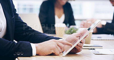 Buy stock photo Tablet, meeting and search with hands of employee in office for client portfolio, investment banker and planning. Financial advisor, capitol report and profit with closeup of business person